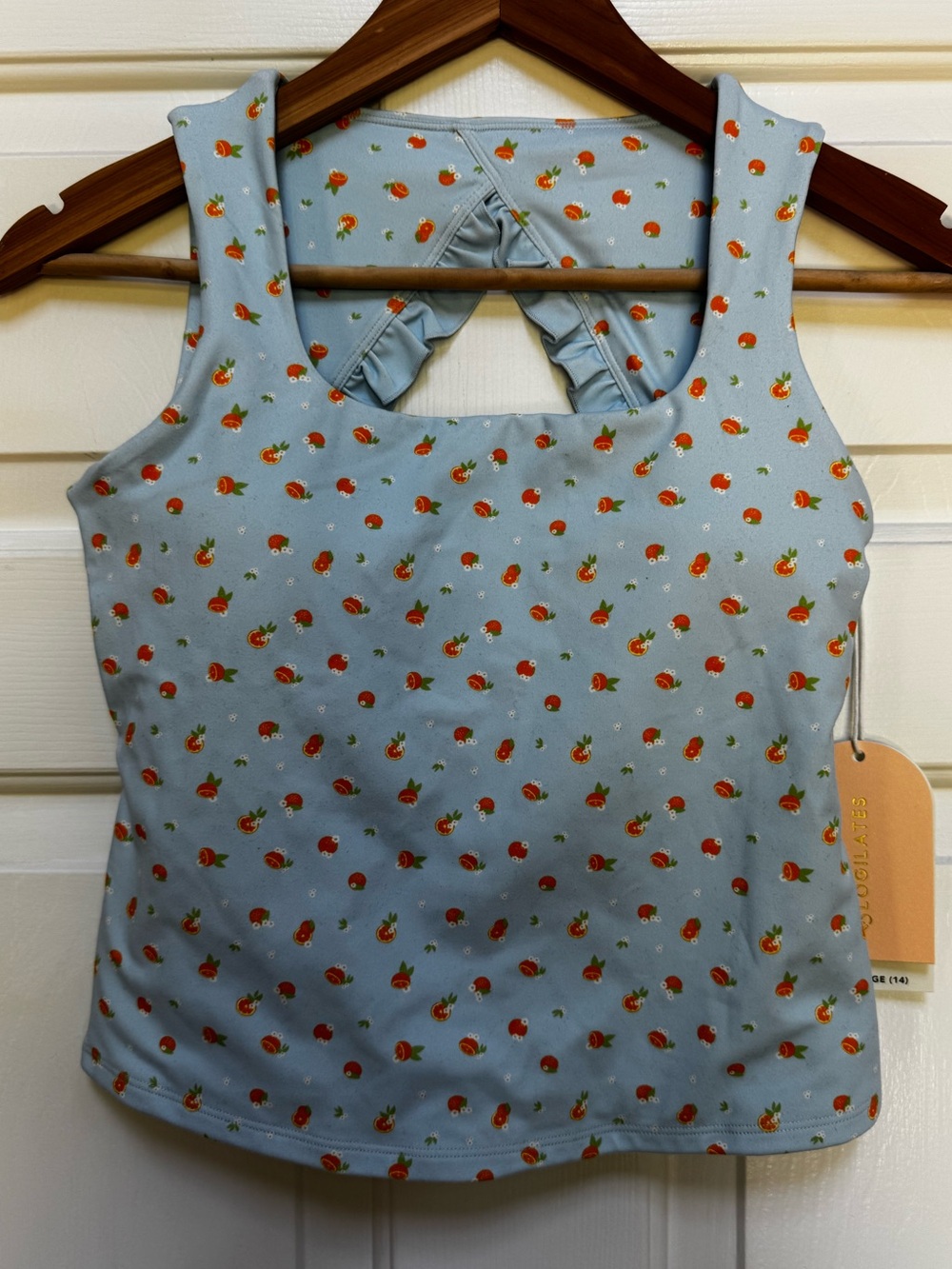 Girl’s ruffle back tank XL 14. Blogilates blue citrus print